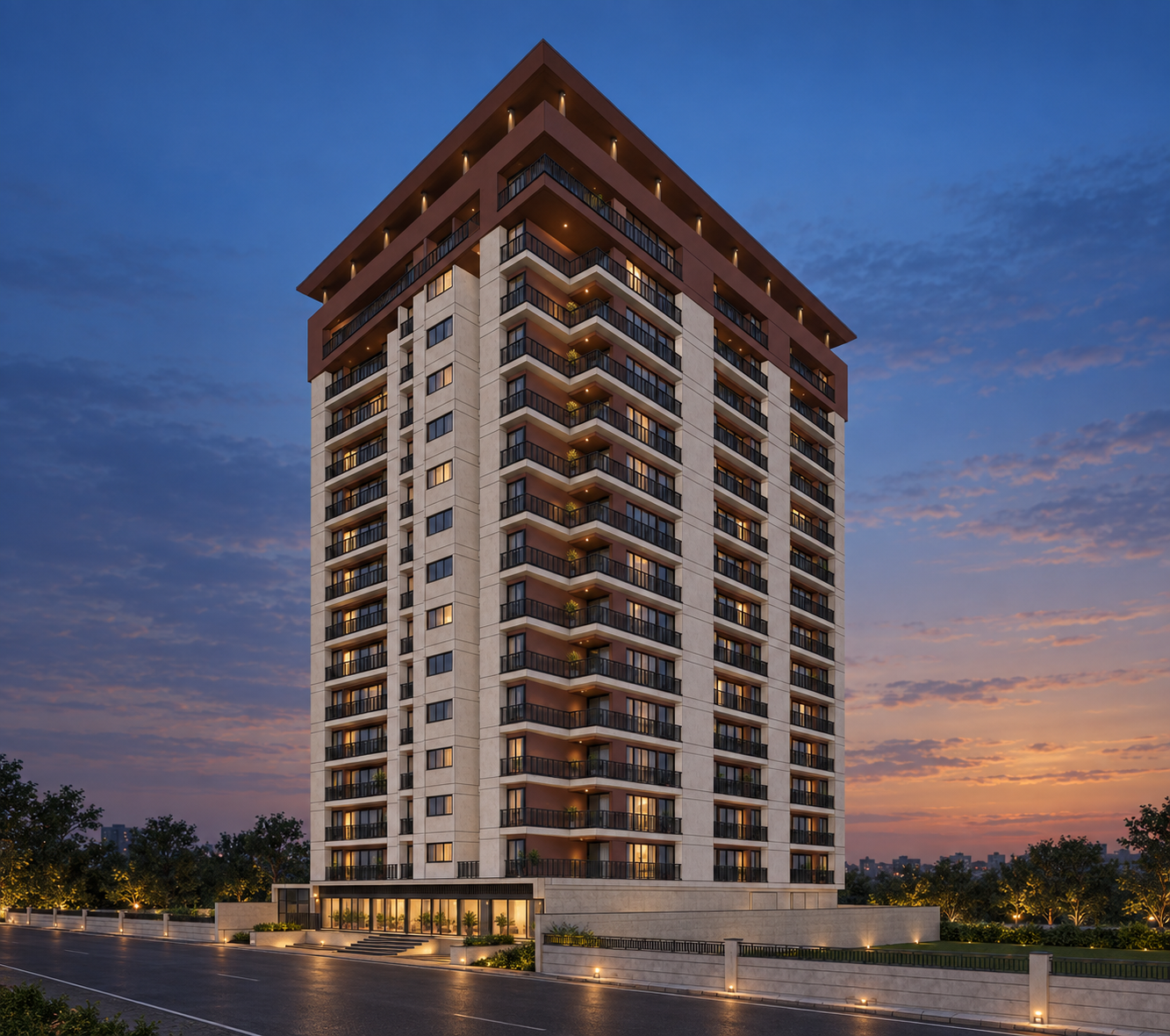 Avora Arise elevation at blue hour in Ahmedabad